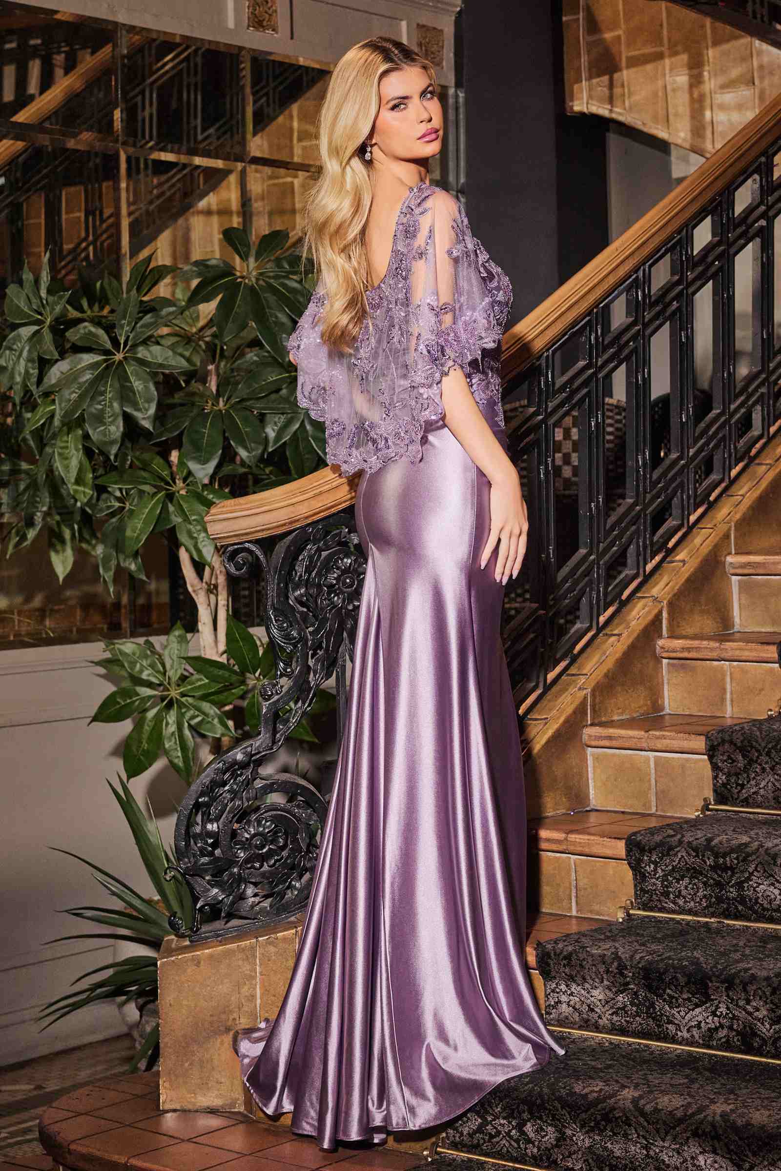 Ladivine CDS499 Stretch Satin Fitted Dress & Removable Lace Caplet