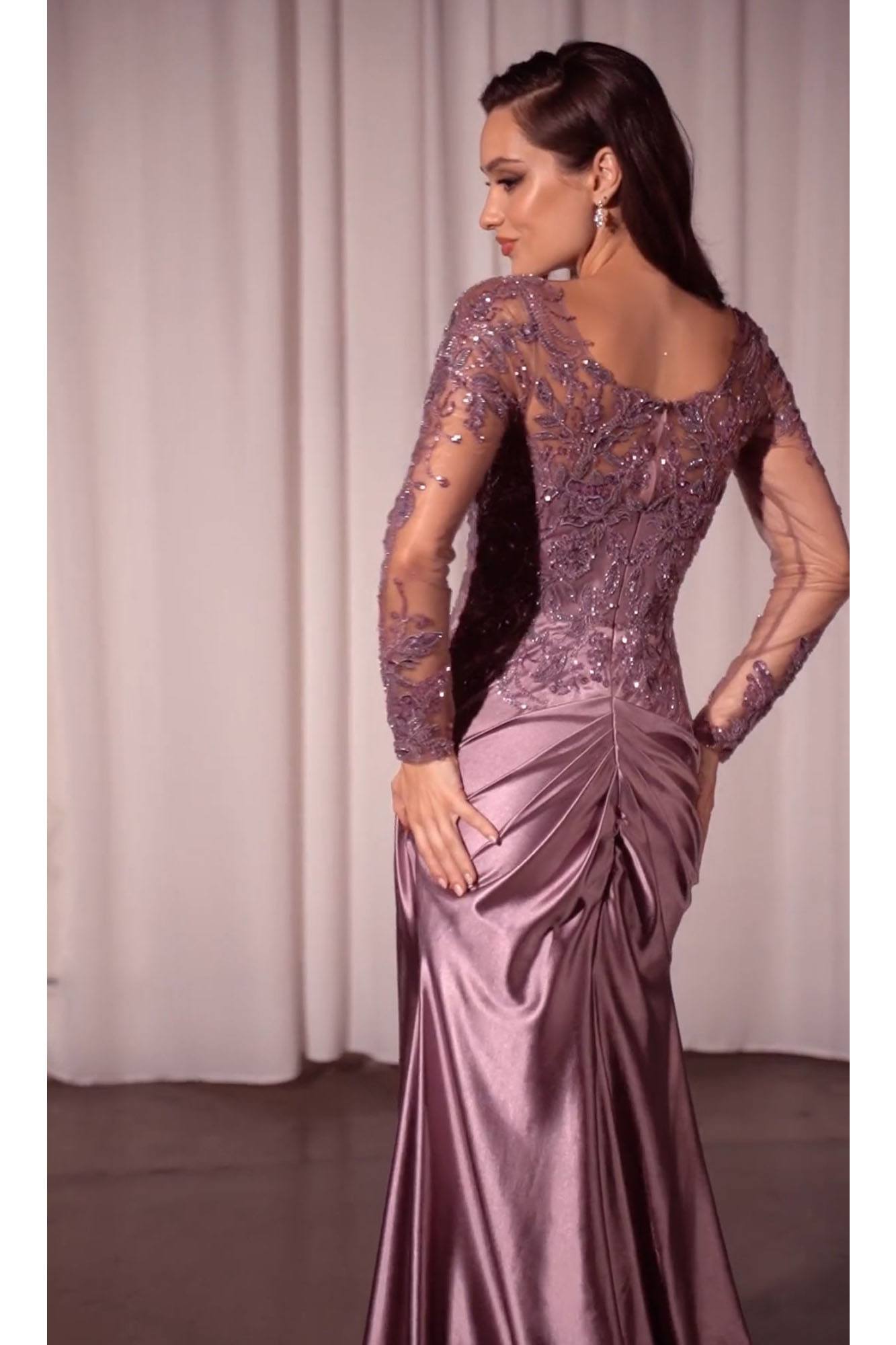 Ladivine CDS505 Dress Lace Long Sleeve Satin Fitted Gown