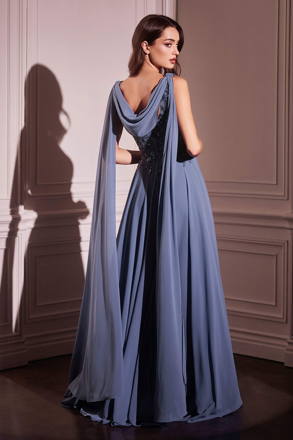 Ladivine CDS509 Dress Chiffon A-Line Gown & Long Cape Sleeves