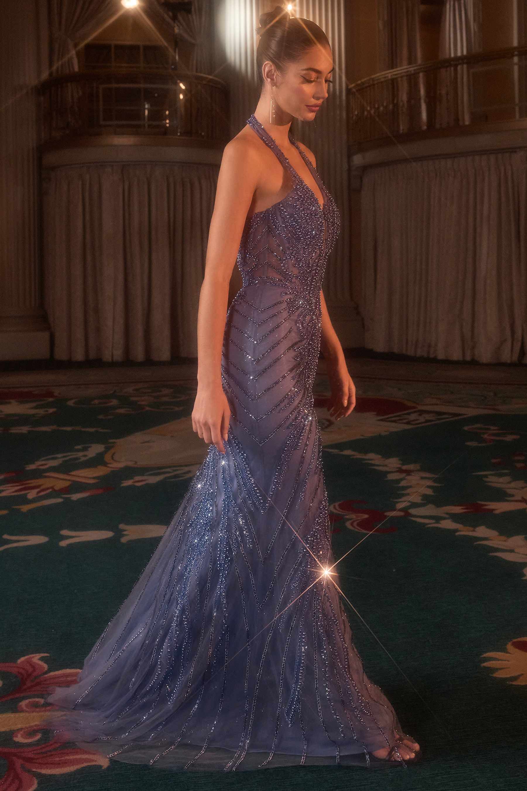 Ladivine CDS547 Fitted Halter Evening Gown Plunging Bodice