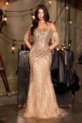 Ladivine CDS555 Cold Shoulder Fringe Fitted Formal Gown