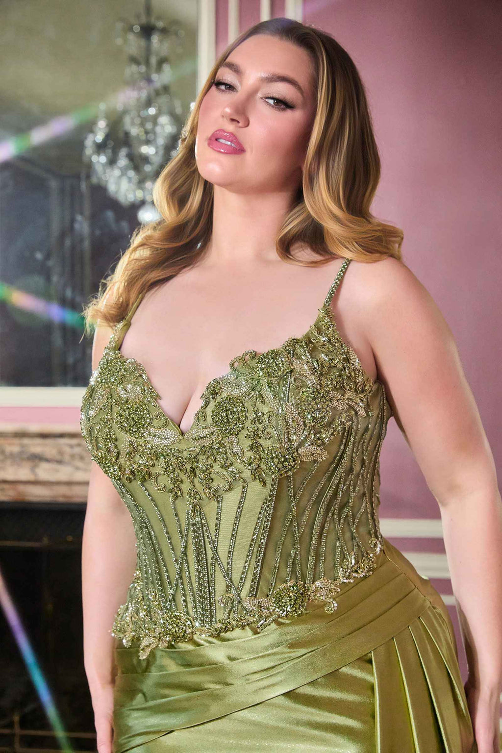 Ladivine CDS556C Corset Bodice Fitted Plus Size Dress Satin Skirt Side Sash