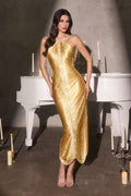 Ladivine CDS564 Halter Neckline Fitted Metallic Midi Gown