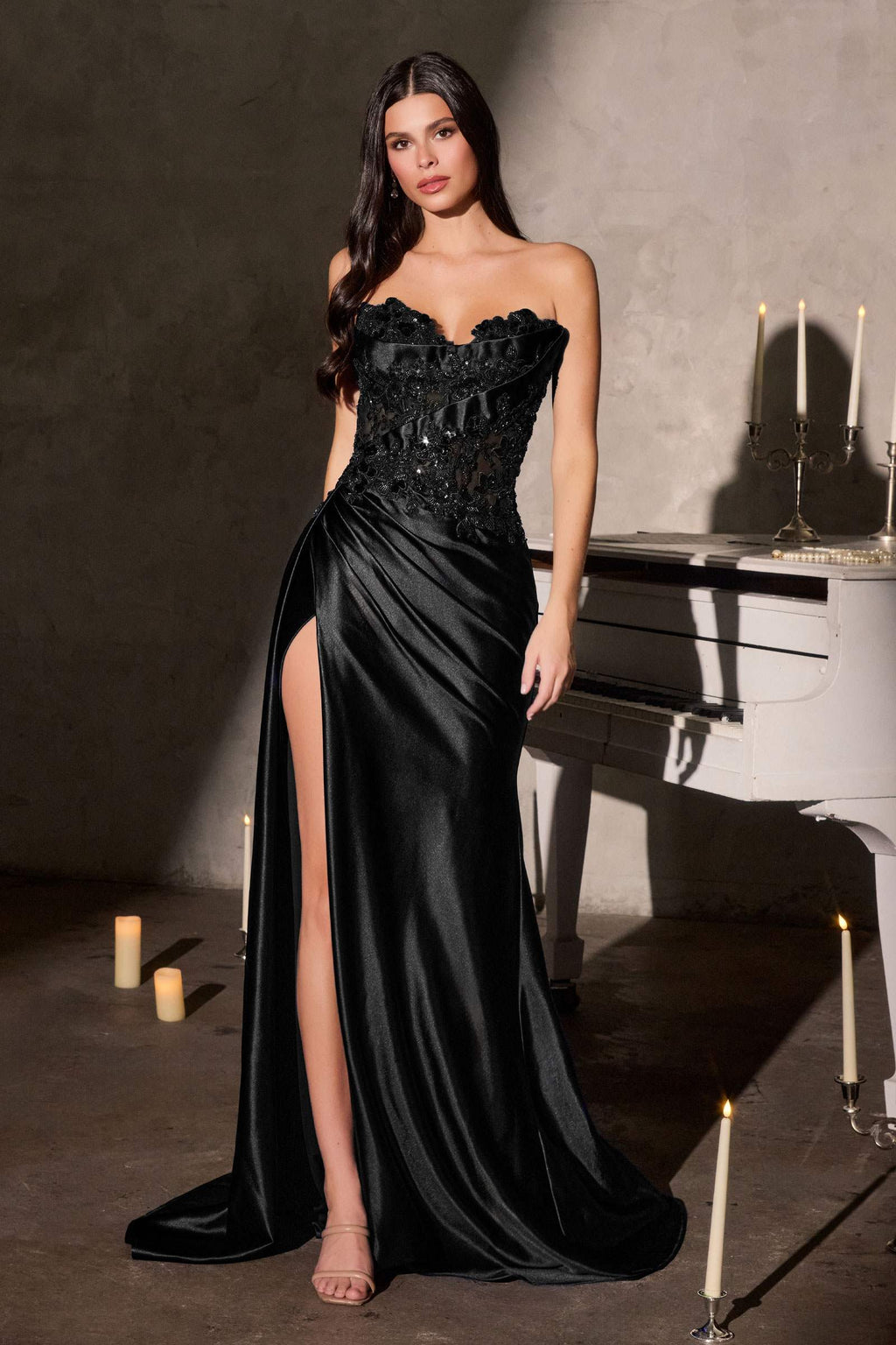 CLEARANCE - Ladivine CDS567 Strapless Sleek Satin Skirt Leg Slit Floral Beaded Gown (Size 2)