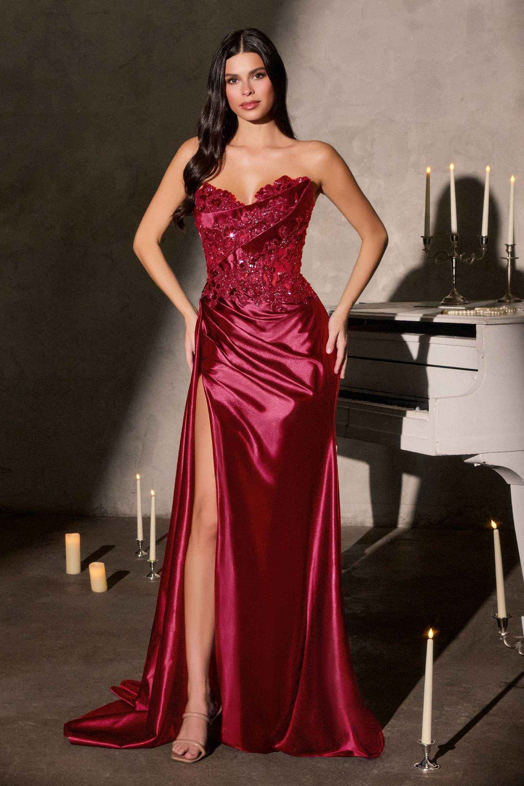 CLEARANCE - Ladivine CDS567 Strapless Sleek Satin Skirt Leg Slit Floral Beaded Gown (Size 2)
