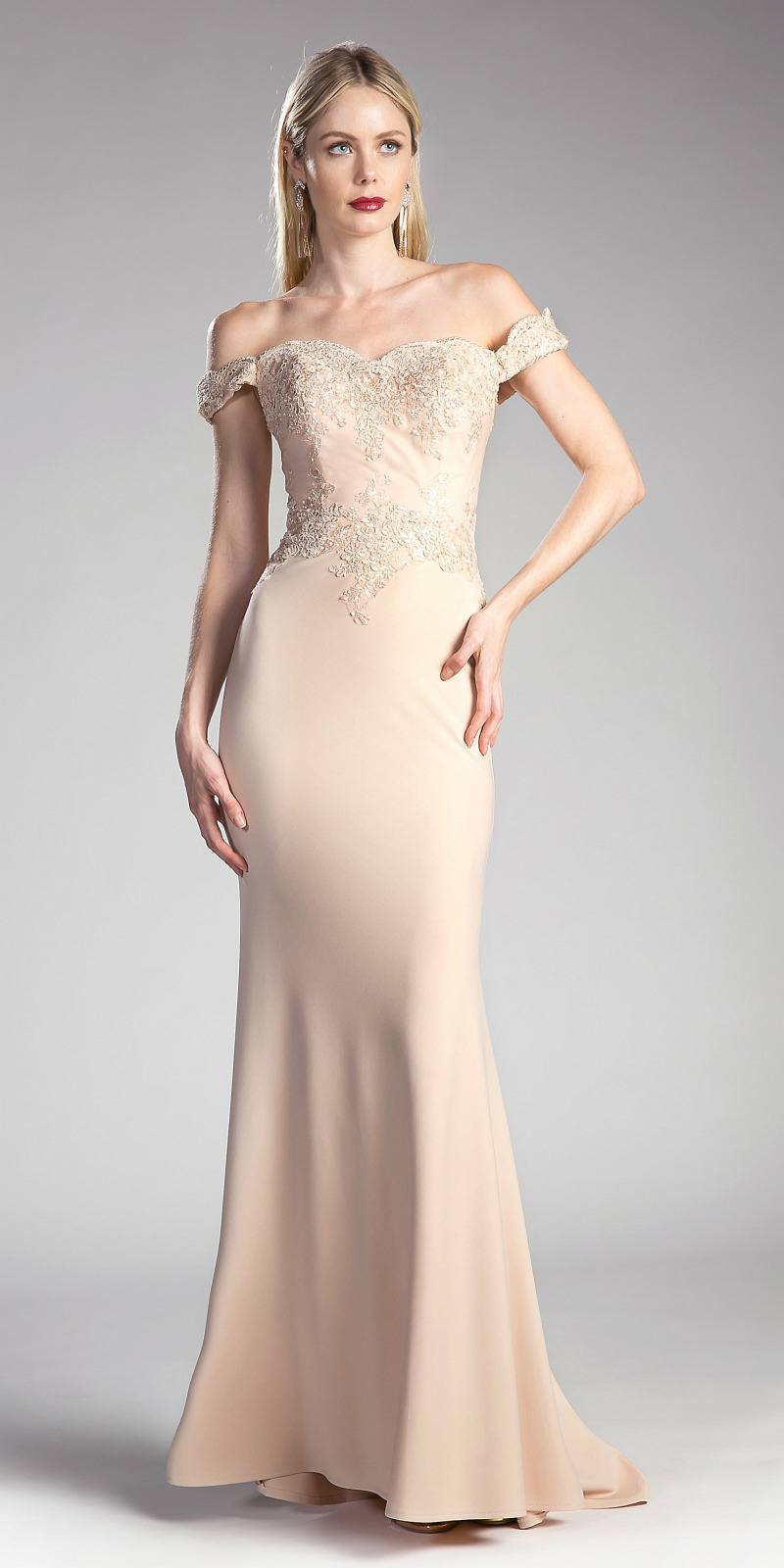 Cinderella Divine CF158 Off Shoulder Floor Length Evening Gown Applique Bodice