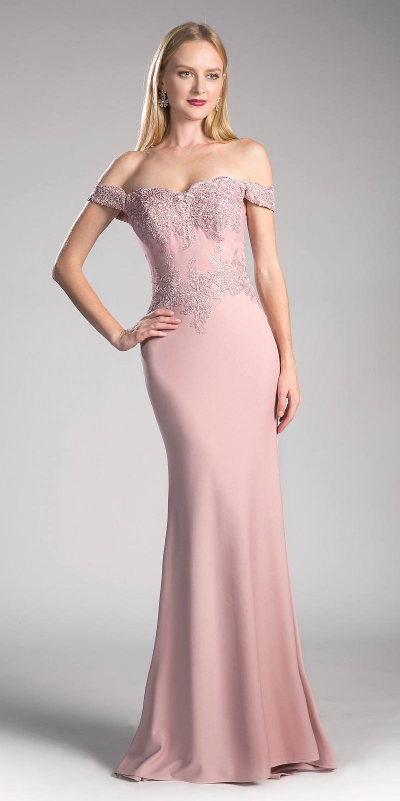 Cinderella Divine CF158 Off Shoulder Floor Length Evening Gown Applique Bodice