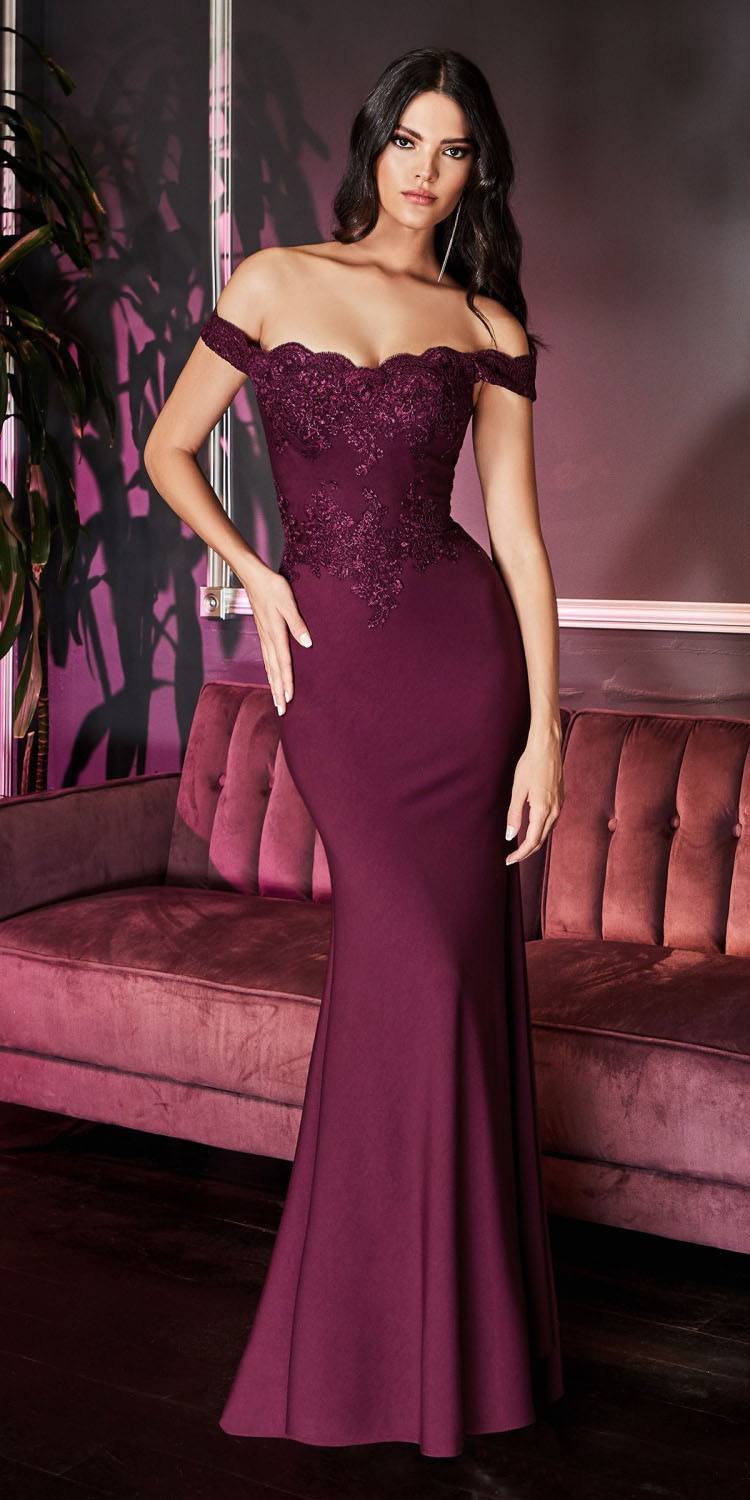 Cinderella Divine CF158 Off Shoulder Floor Length Evening Gown Applique Bodice