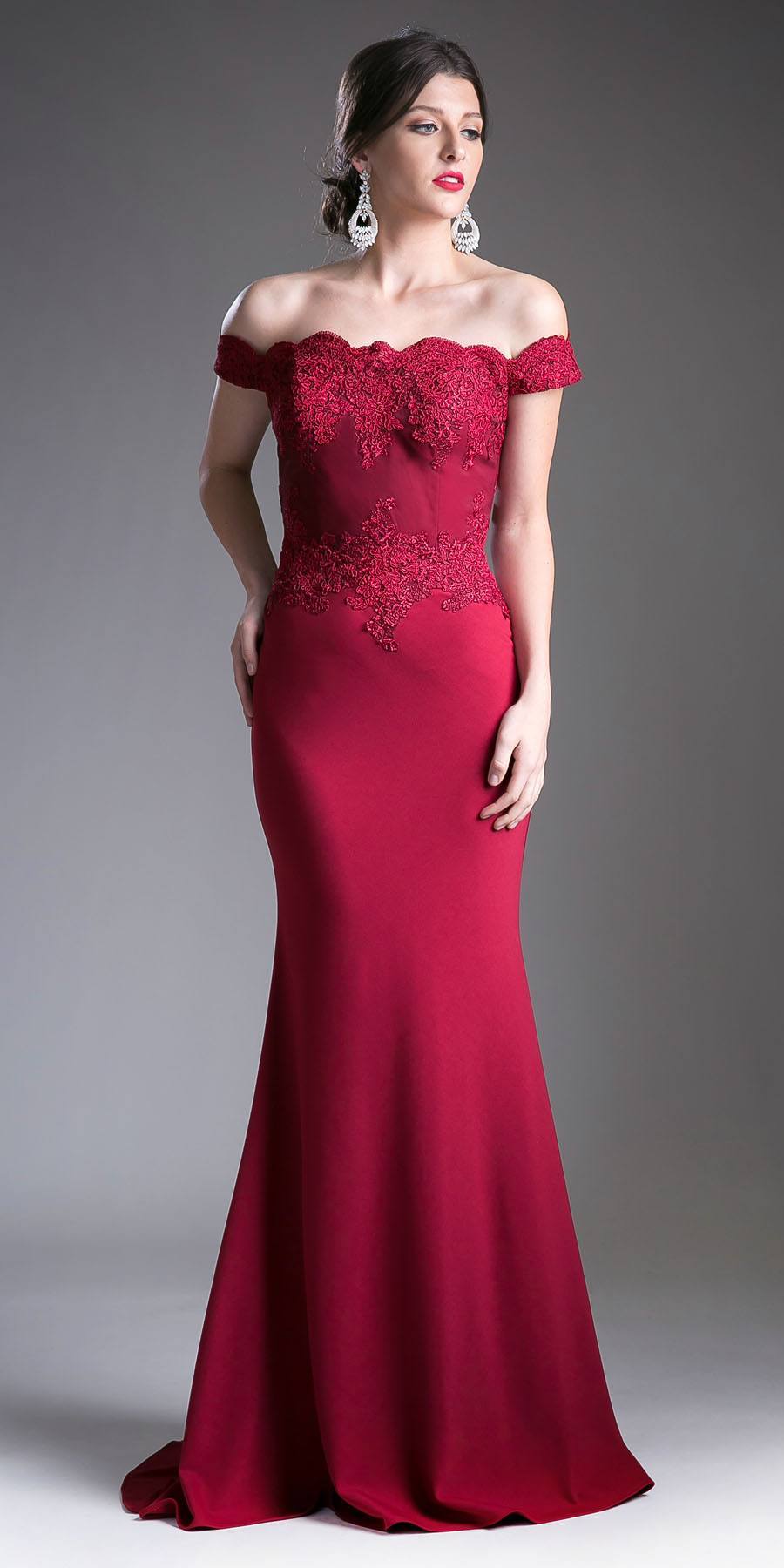 Cinderella Divine CF158 Off Shoulder Floor Length Evening Gown Applique Bodice