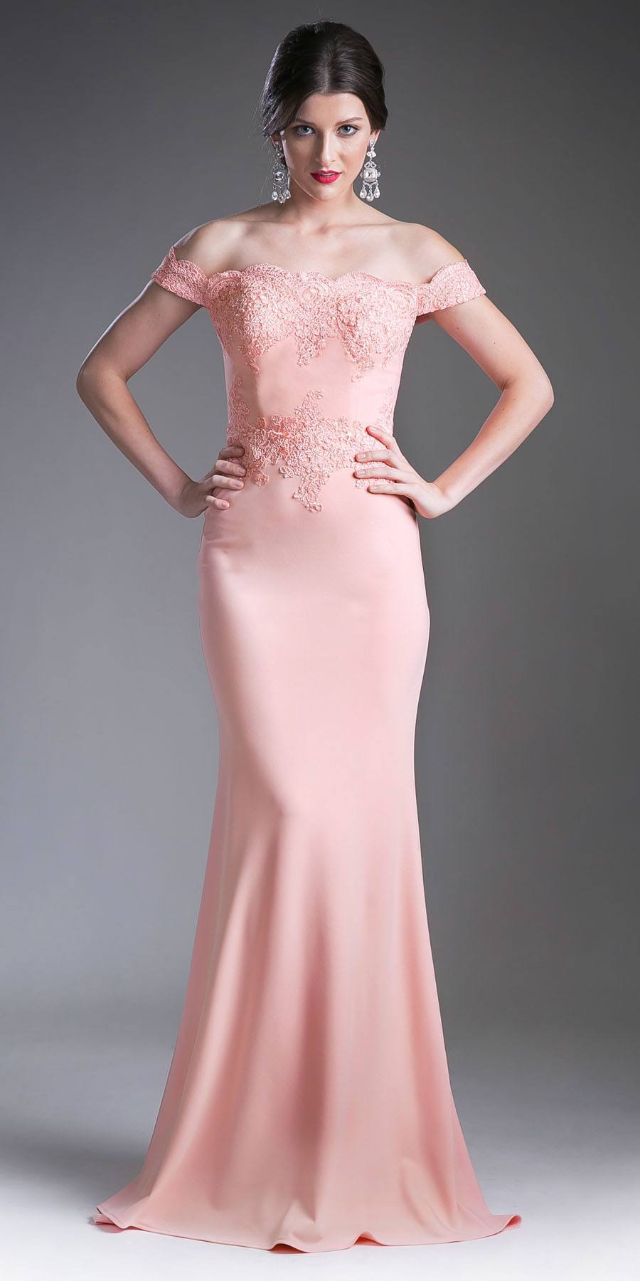 Cinderella Divine CF158 Off Shoulder Floor Length Evening Gown Applique Bodice