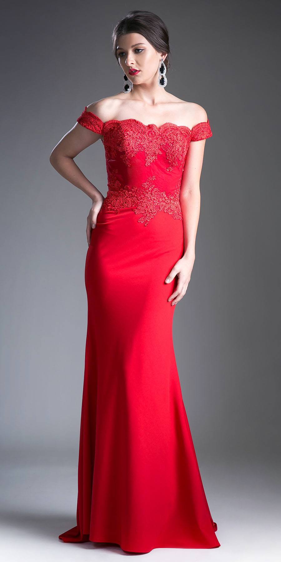 Cinderella Divine CF158 Off Shoulder Floor Length Evening Gown Applique Bodice