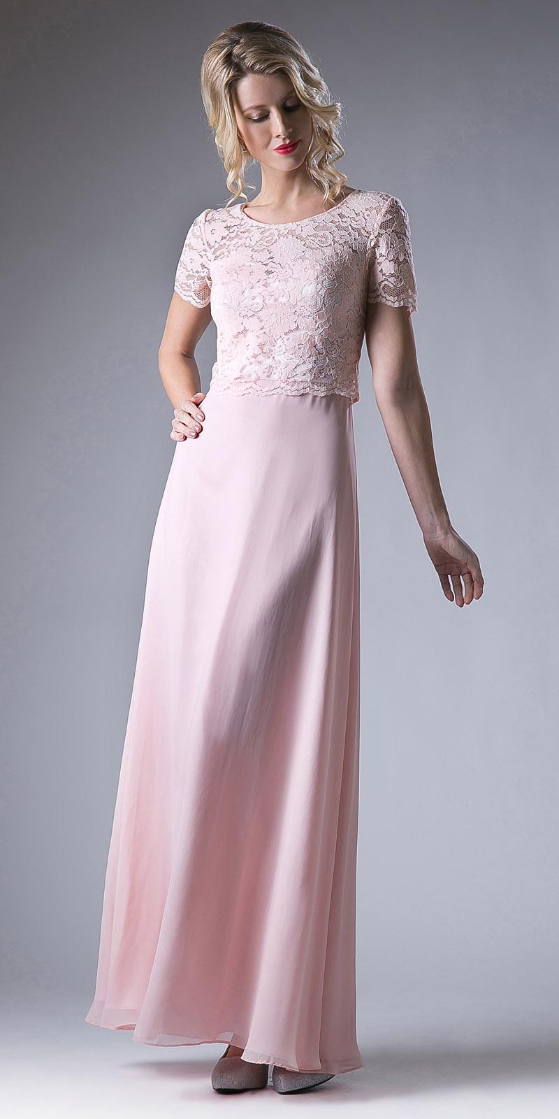 Cinderella Divine CF160 Lace Bodice Short Sleeves A-line Long Dress