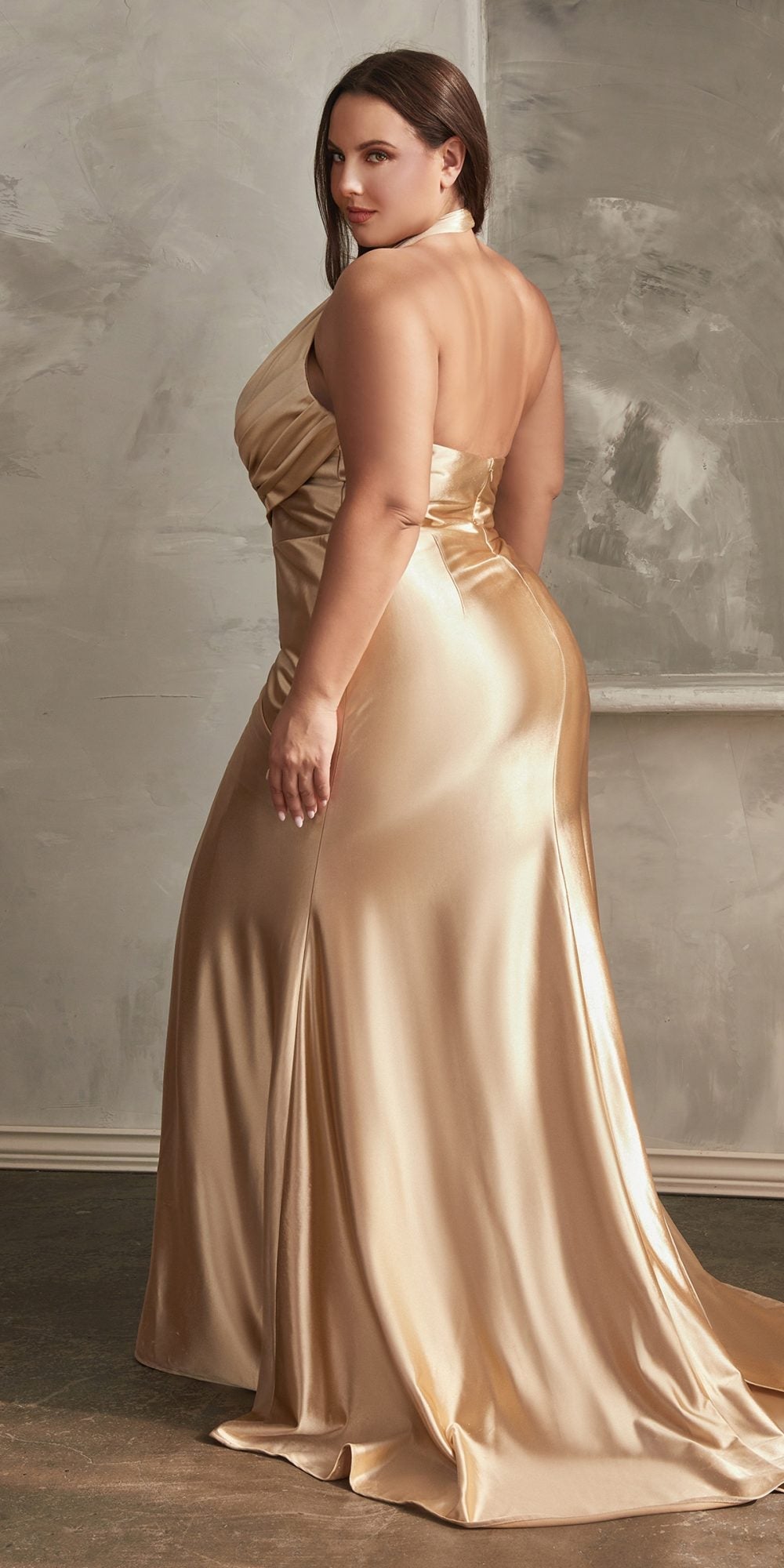 Ladivine CH079 Floor Length Fitted Halter Satin Gown Leg Slit Side Sash