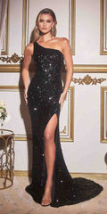 Ladivine CH118 Long One Shoulder Sequin Gown with Slit