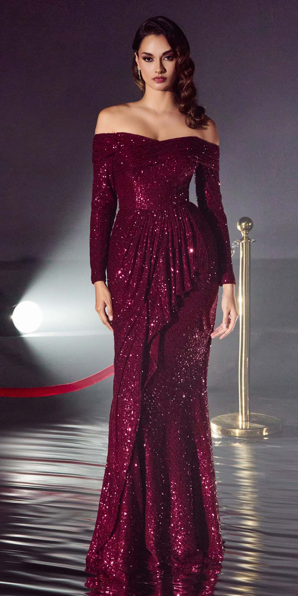 Cinderella Divine CH135 Long Sequin Off the Shoulder Long Sleeve Gown