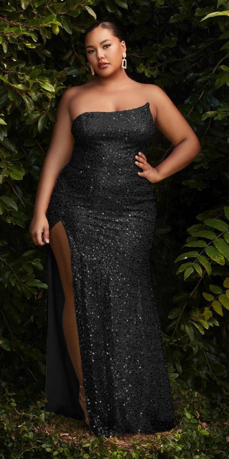 Cinderella Divine CH165 Long Strapless Asymmetrical Fitted Sequin Gown