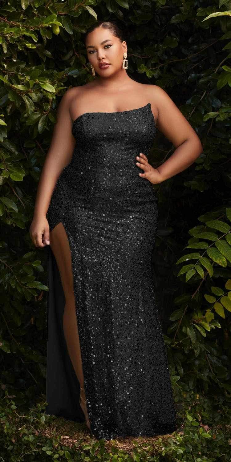 Cinderella Divine CH165C Long Strapless Asymmetrical Fitted Sequin Gown