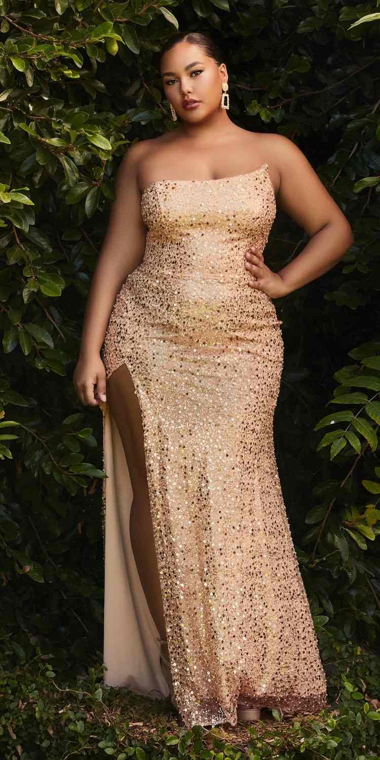 Cinderella Divine CH165 Long Strapless Asymmetrical Fitted Sequin Gown