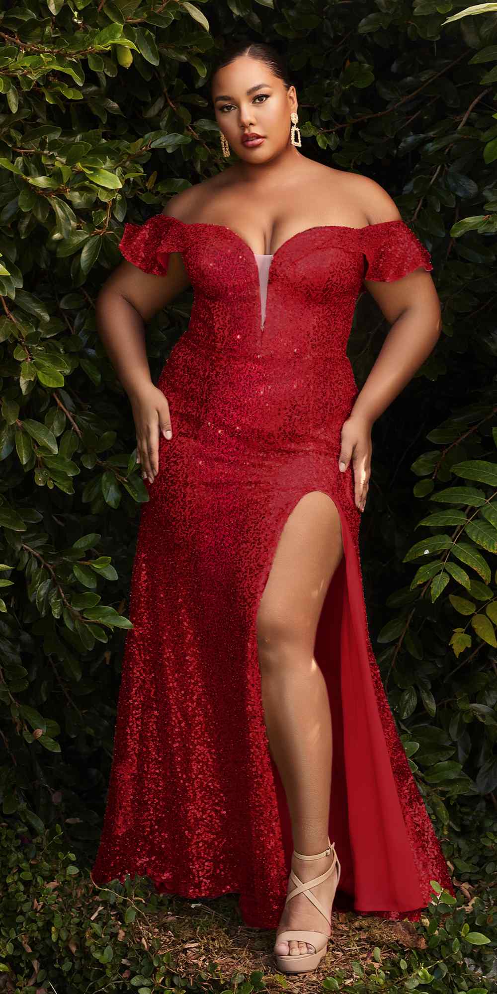 Cinderella Divine CH167C Long Off the Shoulder Sequins Dress with Slit