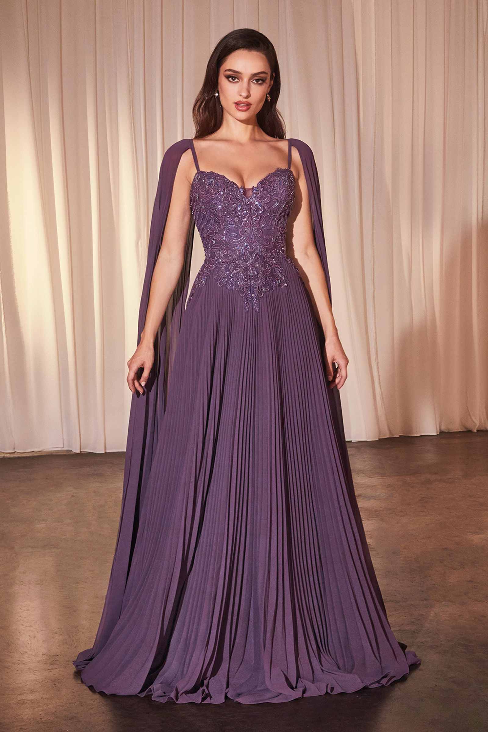 Ladivine CJ937 Pleated A-Line Gown With Cape Sleeves