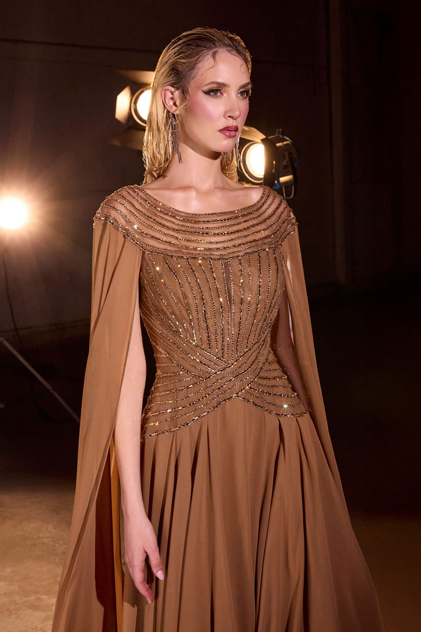 Ladivine CL08 Long A-Line Chiffon Flowing Cape Evening Gown