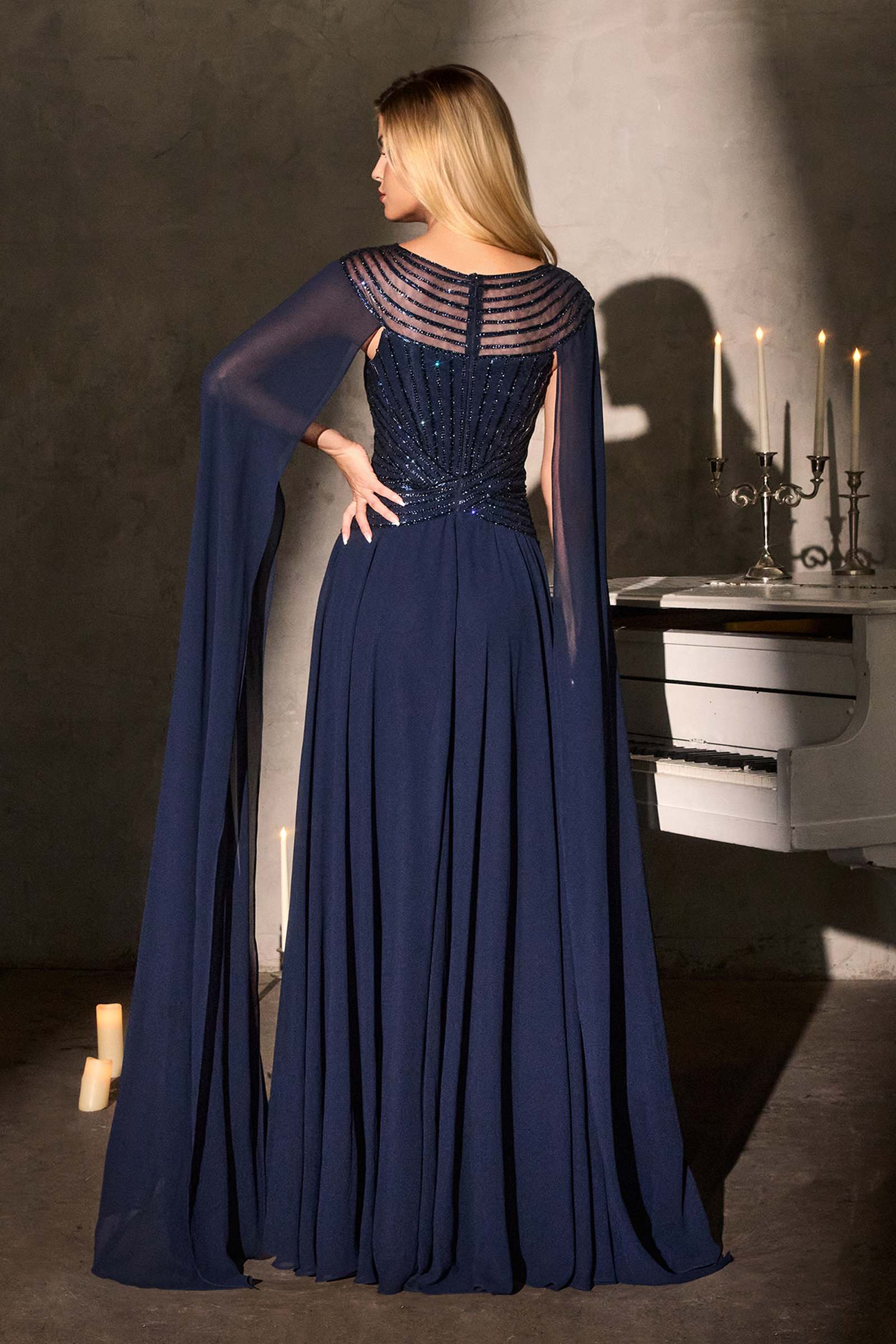 Ladivine CL08 Long A-Line Chiffon Flowing Cape Evening Gown