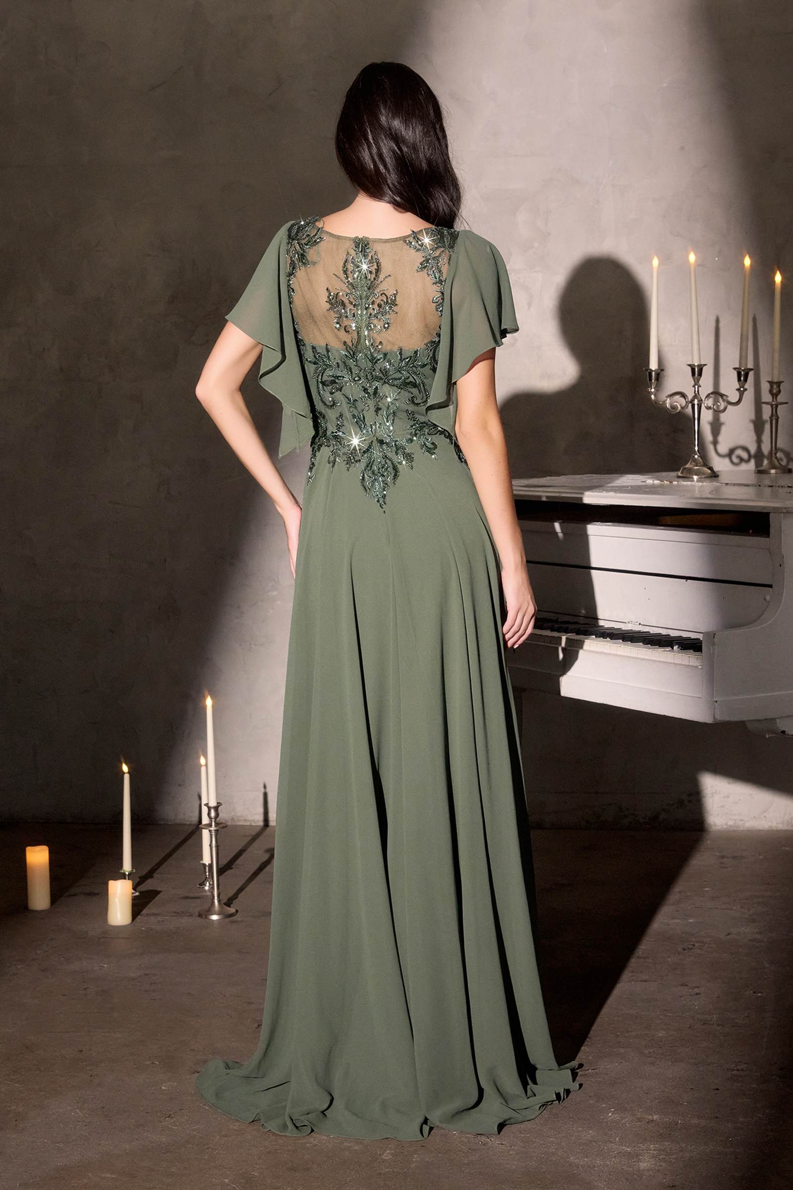 Ladivine CL09 Flutter Sleeve Illusion Neck A-Line Chiffon Gown