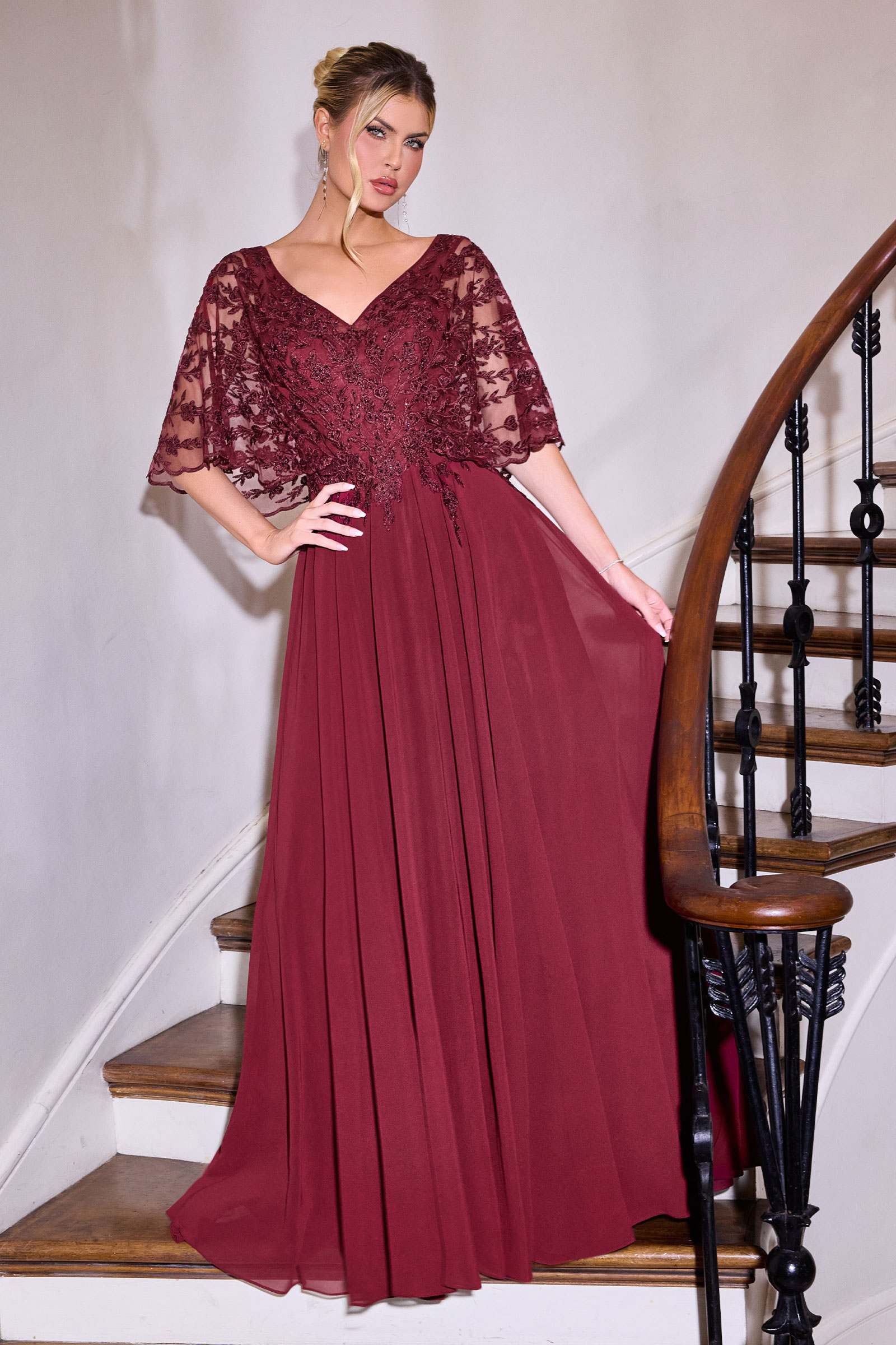 Ladivine CL10 Mother of the Bride V-Neckline Lace Bodice A-Line Gown