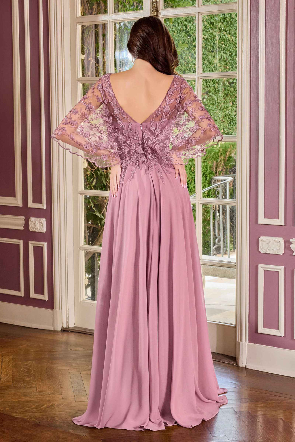 Ladivine CL10 Mother of the Bride V-Neckline Lace Bodice A-Line Gown