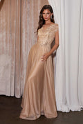 Ladivine CL11 Gold Beaded Cap Sleeve A-Line Formal Dress