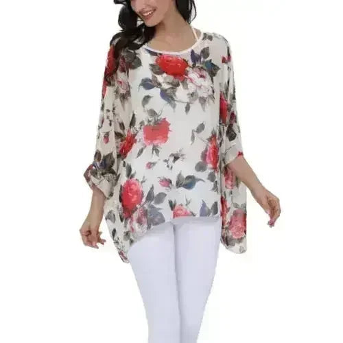 Rose Floral Chiffon Top - Boho Summer Loose Blouse | Femstylo