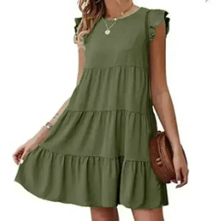Flowy Cap Sleeve Dress - Navy/Wine/Black/Green/White