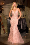 Ladivine CT264 Floral Applique V-Neckline Fitted Evening Dress