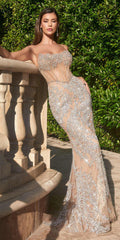 Ladivine CZ0025 Long Fitted Strapless Fully Embellished Crystal Nude Dress