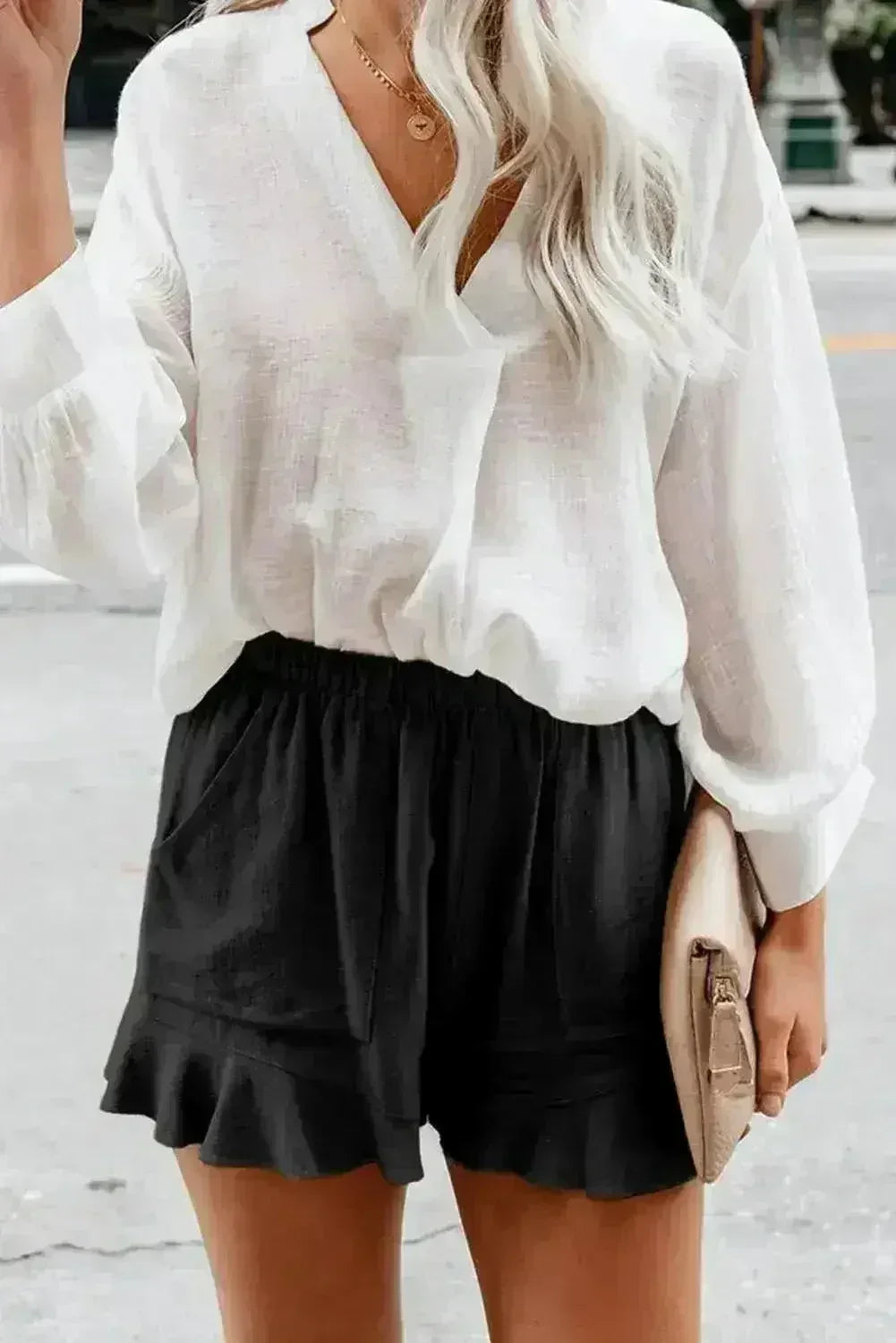 Casual Pocketed Flutter Black Linen Cotton Shorts