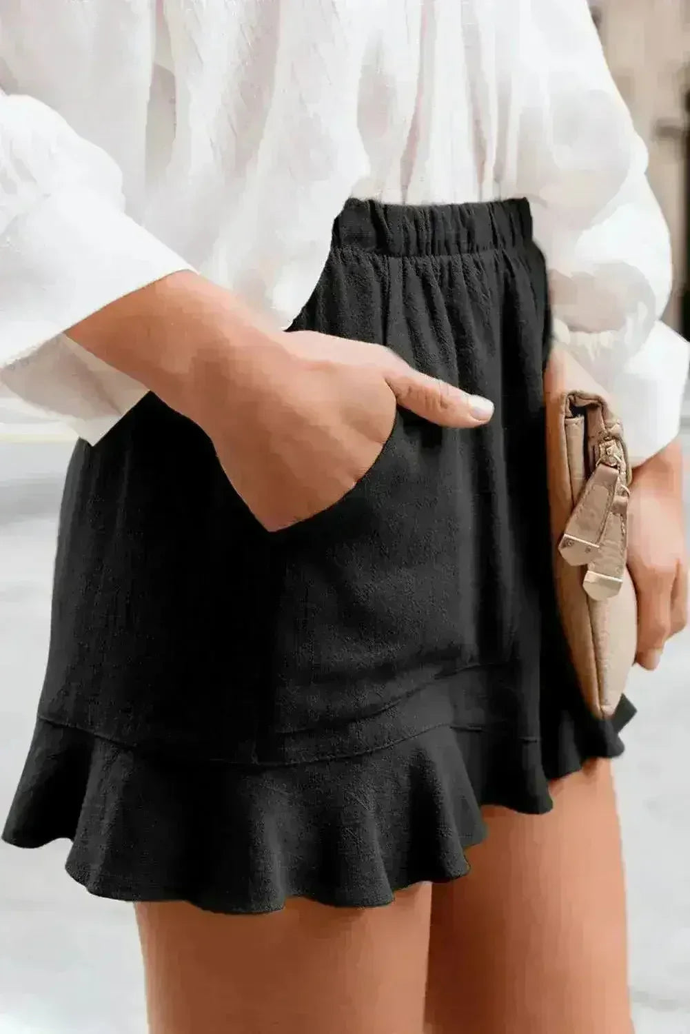 Casual Pocketed Flutter Black Linen Cotton Shorts