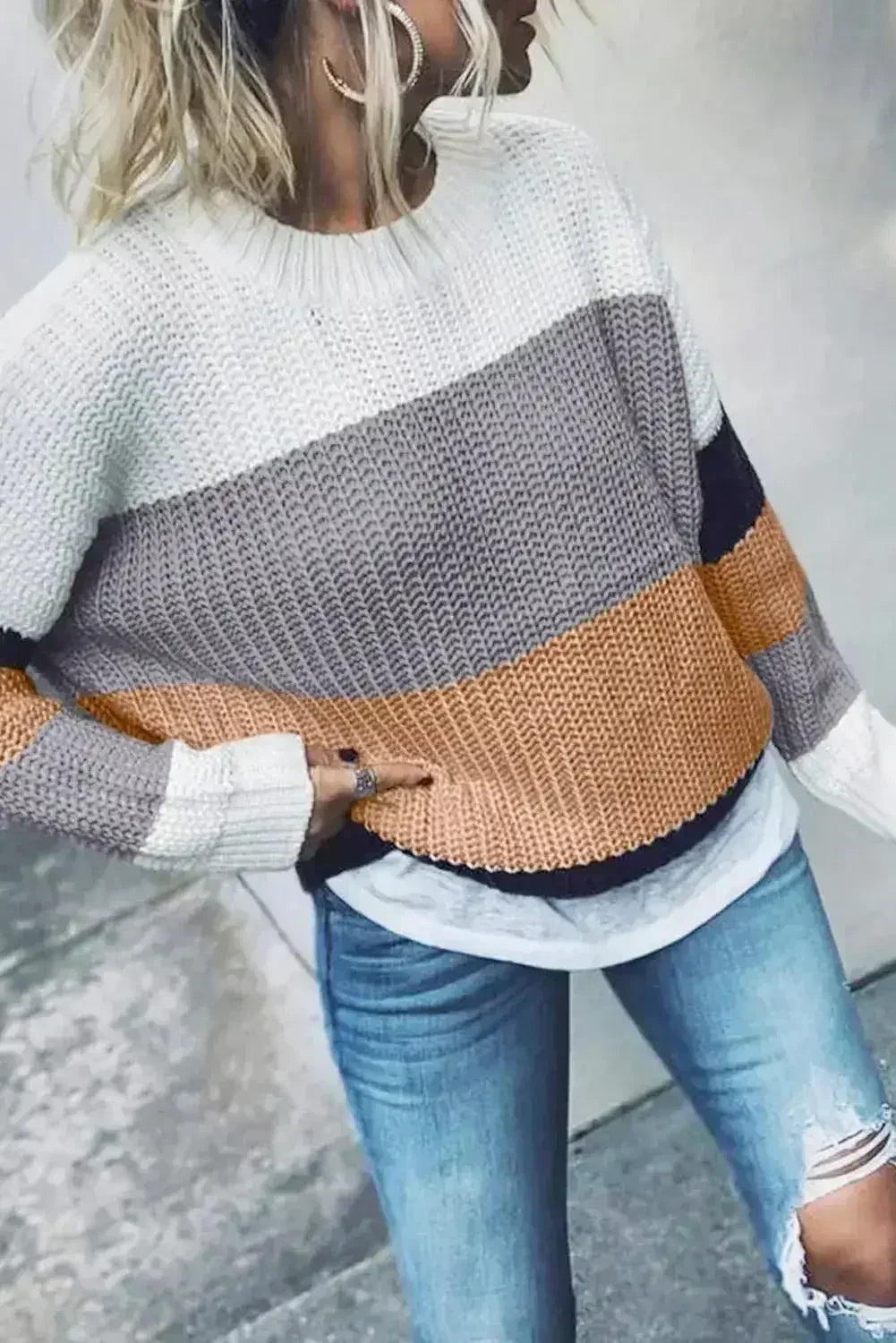 Casual Apricot Color Block Long Sleeve Sweater
