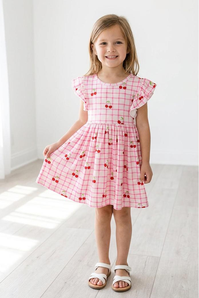 Cherry Sweet Flutter Sleeve Twirl Dress