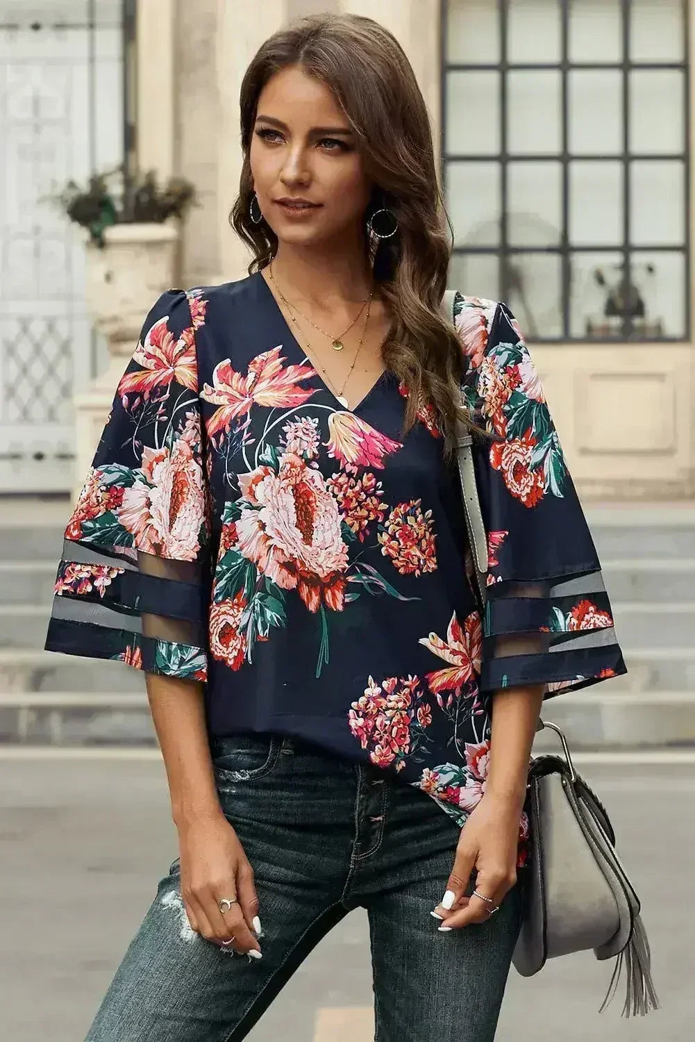 Chic Red 3/4 Flared Sleeve Floral Chiffon Blouse | Femstylo