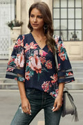Chic Red 3/4 Flared Sleeve Floral Chiffon Blouse | Femstylo