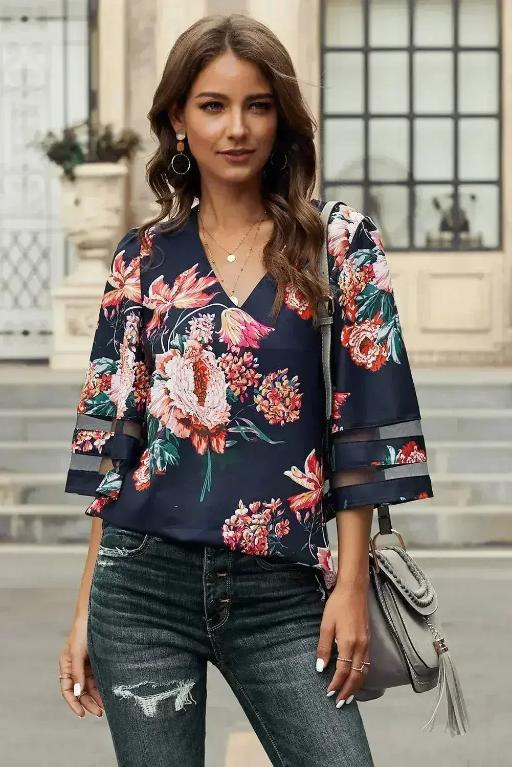 Chic Red 3/4 Flared Sleeve Floral Chiffon Blouse | Femstylo