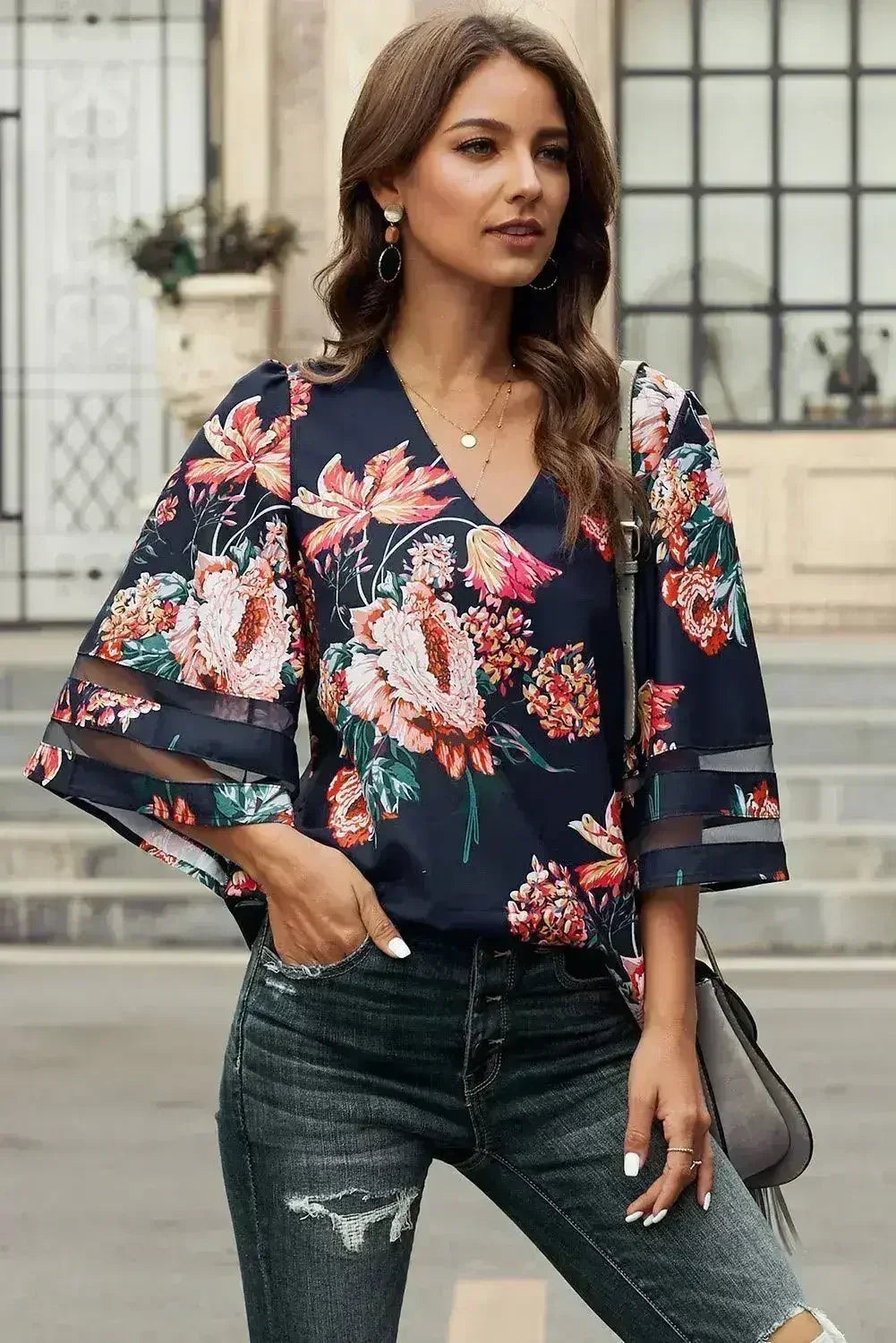 Chic Red 3/4 Flared Sleeve Floral Chiffon Blouse | Femstylo