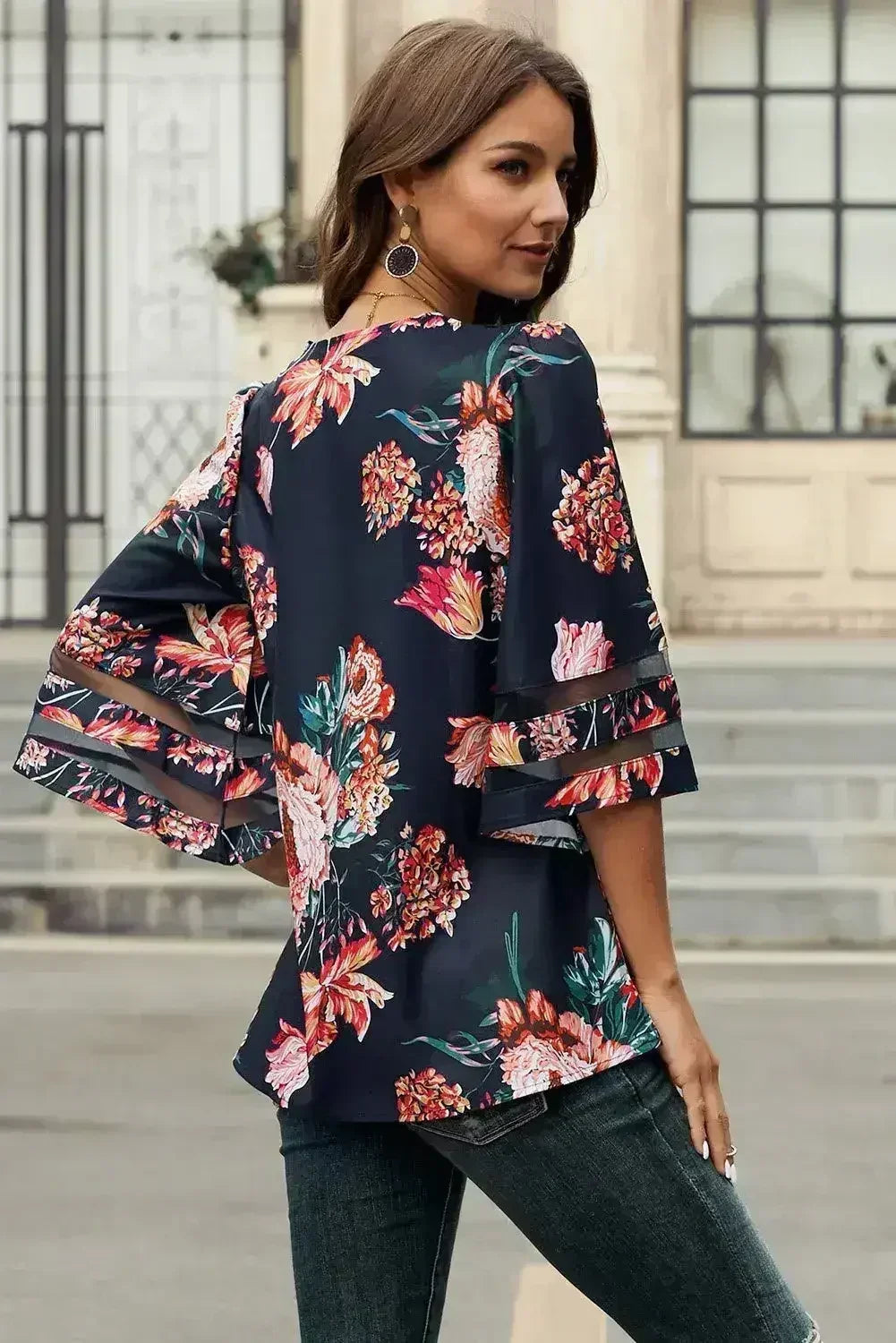 Chic Red 3/4 Flared Sleeve Floral Chiffon Blouse | Femstylo