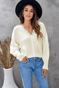 Chic White Lace V Neck Knitted Pullover Sweater