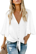 Chic White V Neck Flare Sleeve Button Tie Blouse Top | Femstylo