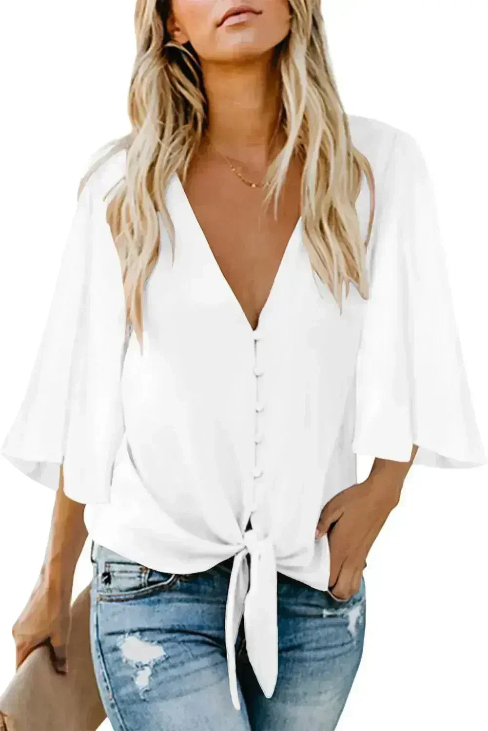 Chic White V Neck Flare Sleeve Button Tie Blouse Top | Femstylo