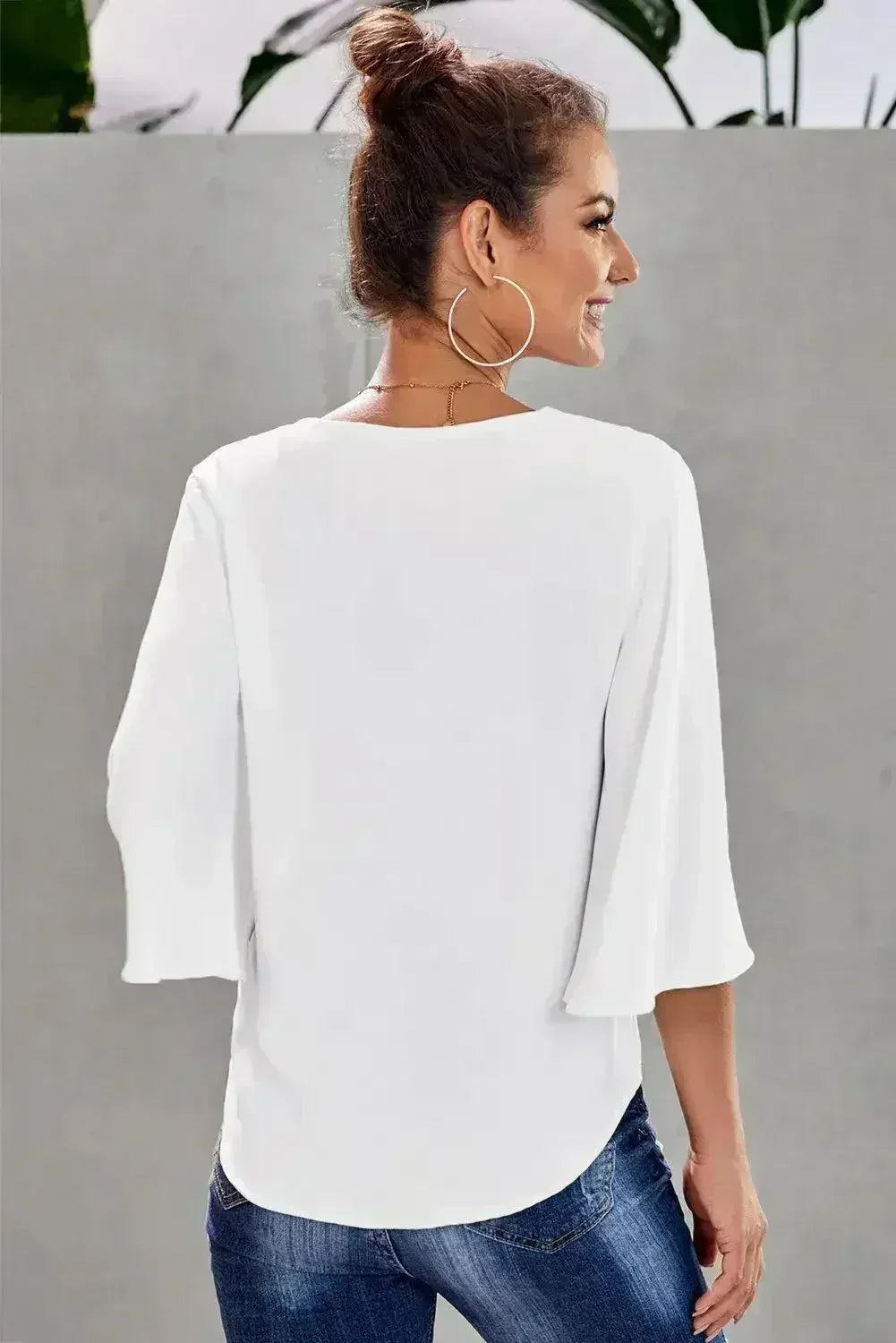 Chic White V Neck Flare Sleeve Button Tie Blouse Top | Femstylo