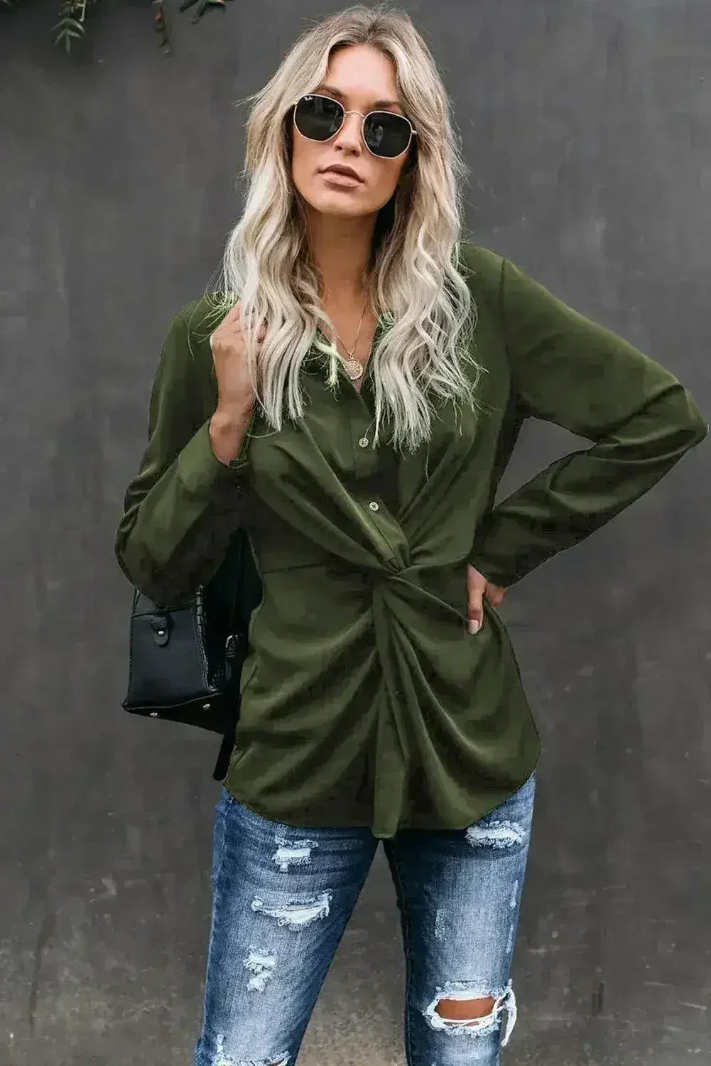 Classic Styles Green Button Down Twist Blouse | Femstylo