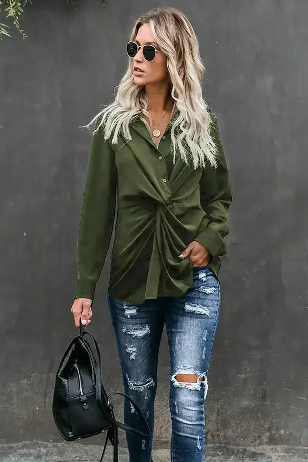Classic Styles Green Button Down Twist Blouse | Femstylo