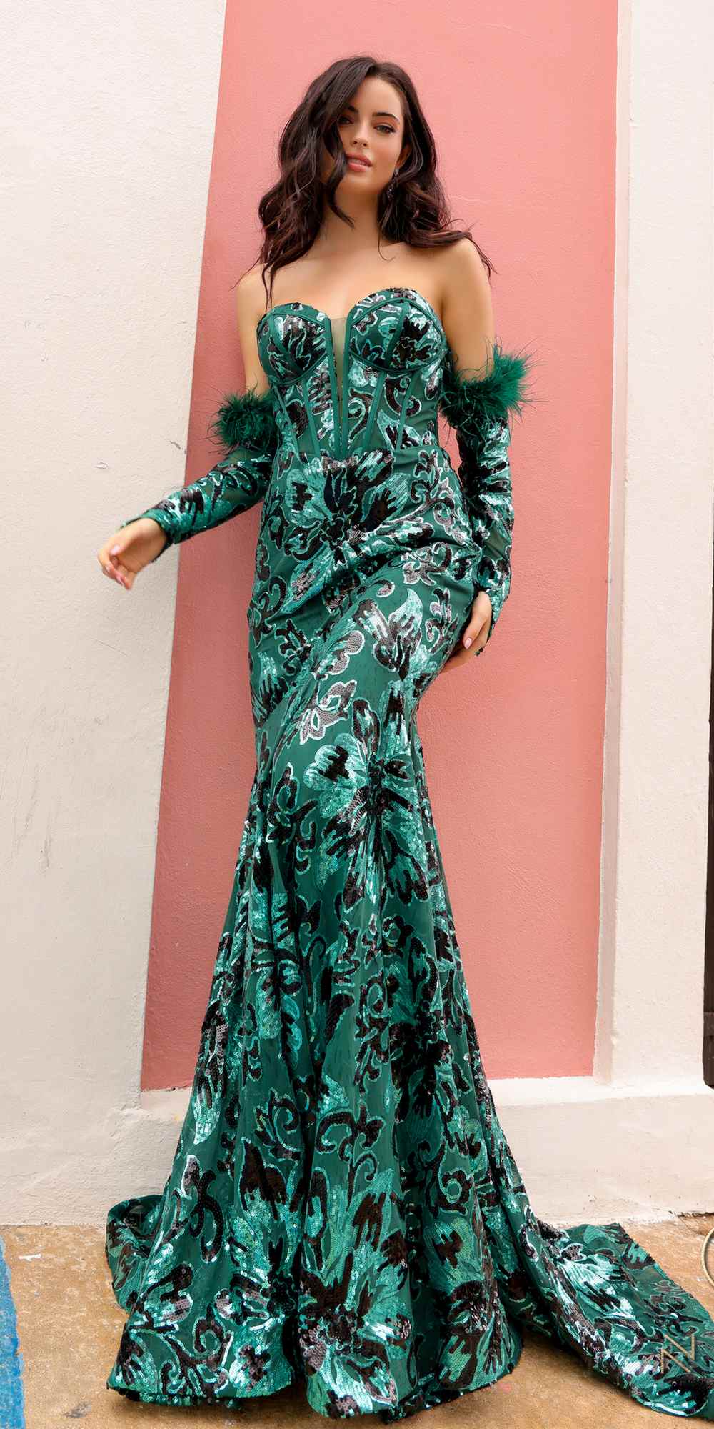 Nox Anabel D1269 Detachable Long Sleeves Floral Sequin Mermaid Gown